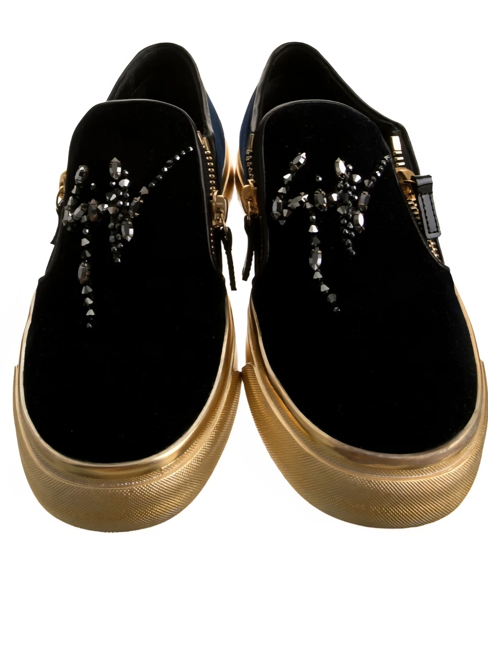 Black Velvet Slip-On Sneakers with Gold Platform Sole